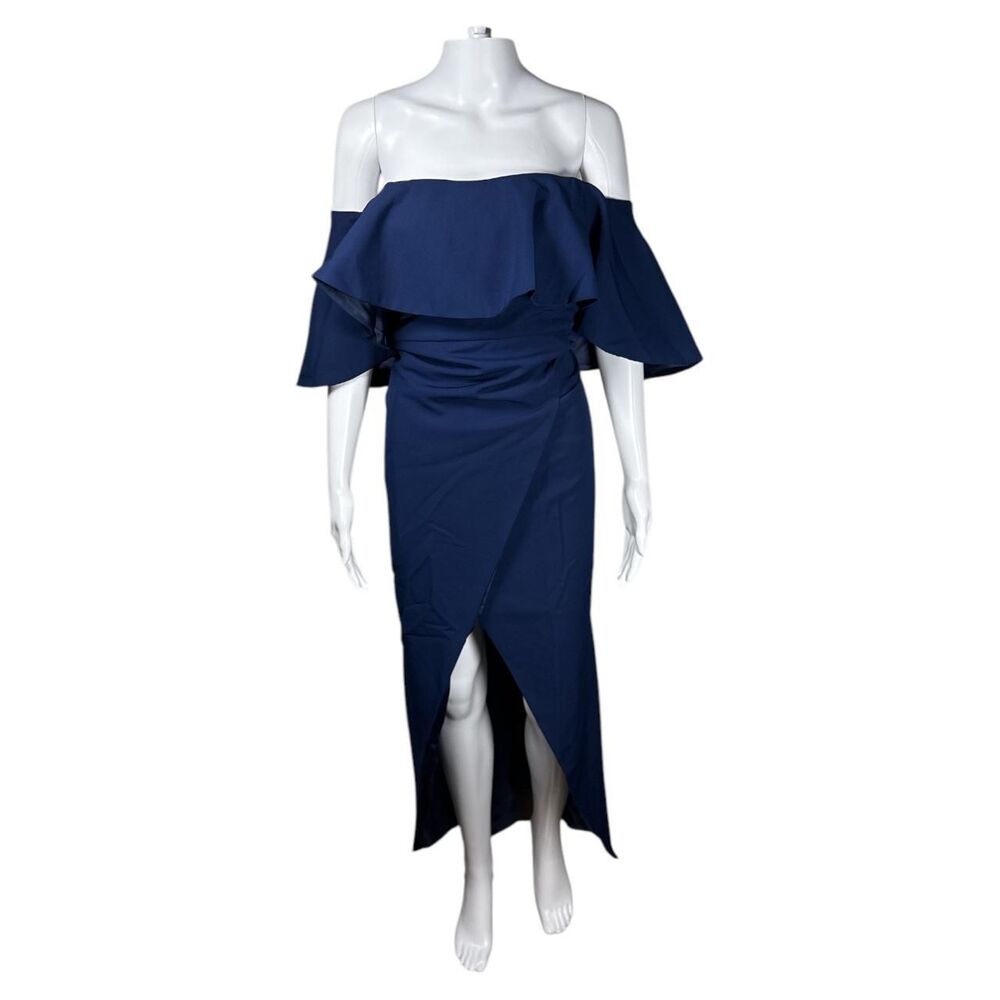 Jewel Badgley Mischka Off Shoulder Gown w/ Slit Wrap Skirt in Navy Sz 14
